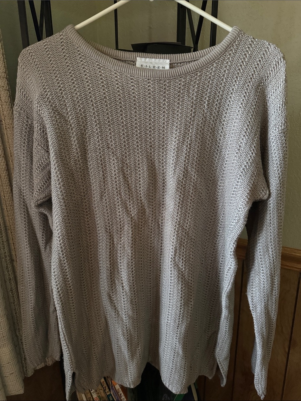 Eileen Fisher Taupe Open-Knit Crewneck Sweater